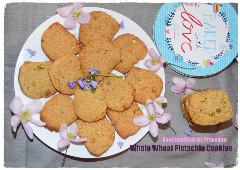 Eggless Pistachio Cookies / Whole Wheat Pista Biscuits